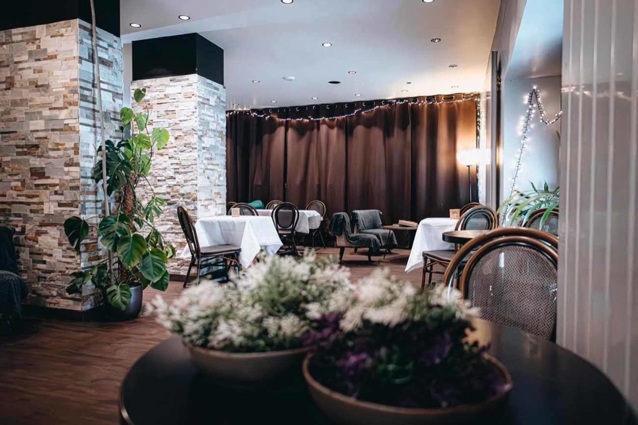 Warm restaurant interior at dusk