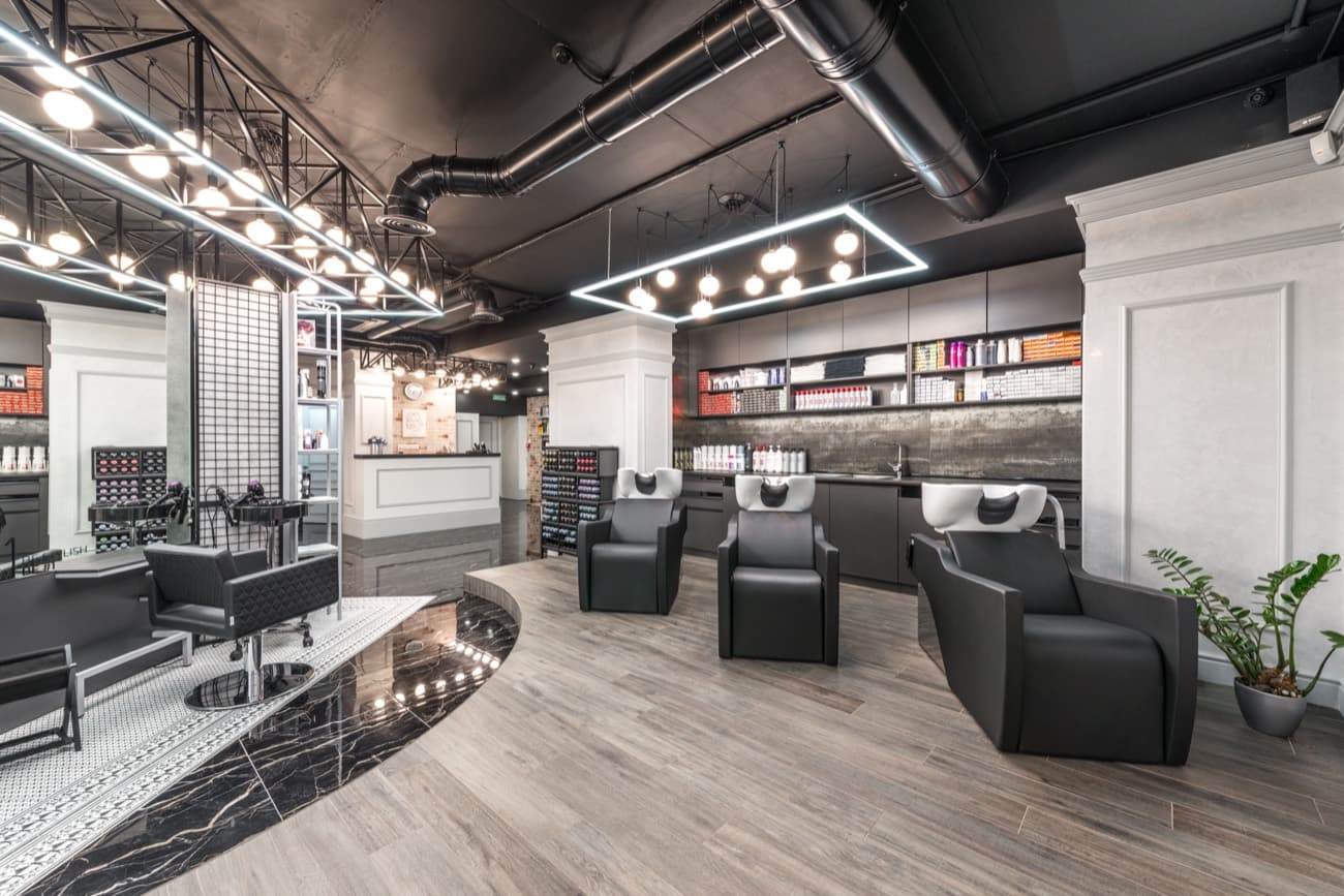 Hair salon interior with styling stations